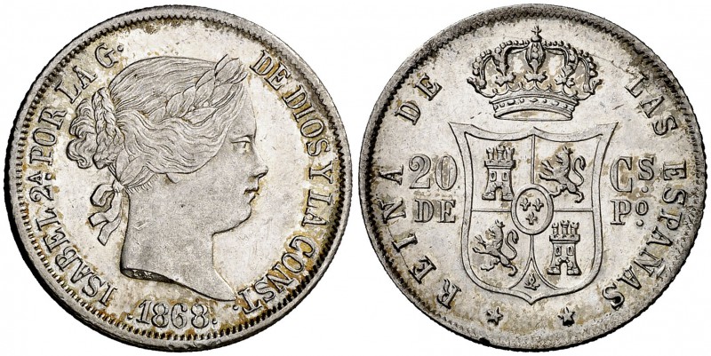 1868. Isabel II. Manila. 20 centavos. (Cal. 460) (Basso 61). 5,17 g. Mínimo golp...