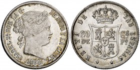 1868. Isabel II. Manila. 20 centavos. (Cal. 460) (Basso 61). 5,17 g. Mínimo golpecito. Bella. Precioso color. EBC.