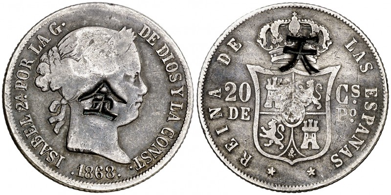 1868. Isabel II. Manila. 20 centavos. (Cal. 460) (Basso 61). 5 g. Un resello ori...