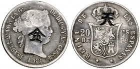 1868. Isabel II. Manila. 20 centavos. (Cal. 460) (Basso 61). 5 g. Un resello oriental grande en cada cara. Ex Áureo 19/12/2006, nº 734. BC.