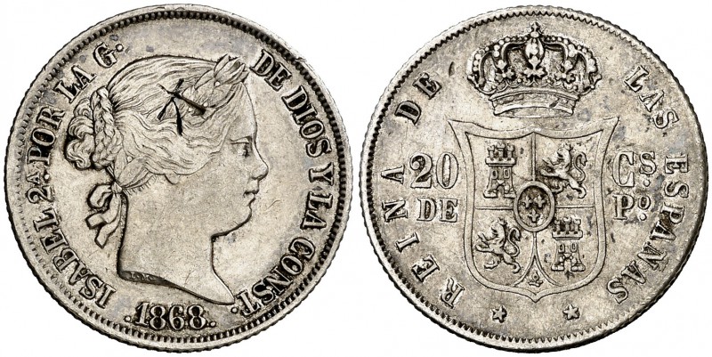 1868. Isabel II. Manila. 20 centavos. (Cal. 460) (Basso 61). 5,12 g. Resello ori...