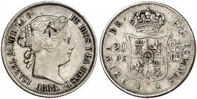 1868. Isabel II. Manila. 20 centavos. (Cal. 460) (Basso 61). 5,12 g. Resello oriental grande en anverso. MBC+.