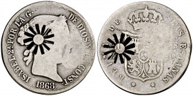 1868. Isabel II. Manila. 20 centavos. (Cal. 460) (Basso 61). 4,78 g. Resello (MBC) sol con doce rayos, en ambas caras (De Mey ¿442?, ¿1012?). Ex Áureo...