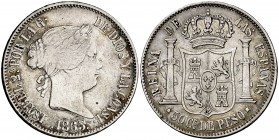 1865. Isabel II. Manila. 50 centavos. (Cal. 452) (Basso 62). 12,90 g. Bonita pátina. Escasa. MBC-/MBC.