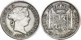 1866. Isabel II. Manila. 50 centavos. (Cal. 453) (Basso 62). 12,78 g. Mínimos golpecitos. Ex Áureo 05/03/1997, nº 922. Muy rara. MBC-/MBC.