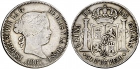 1867. Isabel II. Manila. 50 centavos. (Cal. 454) (Basso 62). 12,80 g. Escasa. BC+/MBC-.