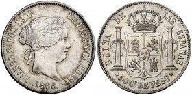 1868/58. Isabel II. Manila. 50 centavos. (Cal. falta) (Basso 62d). 12,89 g. Rara sobrefecha. MBC.