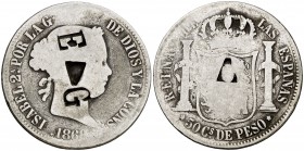 1868. Isabel II. Manila. 50 centavos. (Cal. 455) (Basso 62). 12,24 g. Resello EG en anverso, y en reverso. Ex Áureo & Calicó 11/03/2010, nº 2774. (BC)...