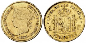 1861/0. Isabel II. Manila. 1 peso. (Cal. 141) (Basso 68a). 1,71 g. Rara sobrefecha. MBC.