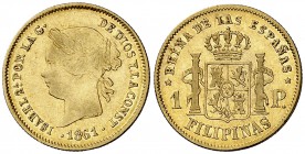 1861. Isabel II. Manila. 1 peso. (Cal. 142) (Basso 68). 1,66 g. Restos del brillo original. MBC+.