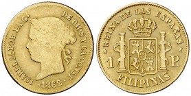 1862/1. Isabel II. Manila. 1 peso. (Cal. 143 var) (Basso 68c). 1,61 g. Ex Áureo 01/07/1997, nº 849. BC+/MBC-.