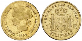 1862. Isabel II. Manila. 1 peso. (Cal. 143) (Basso 68). 1,68 g. MBC-.