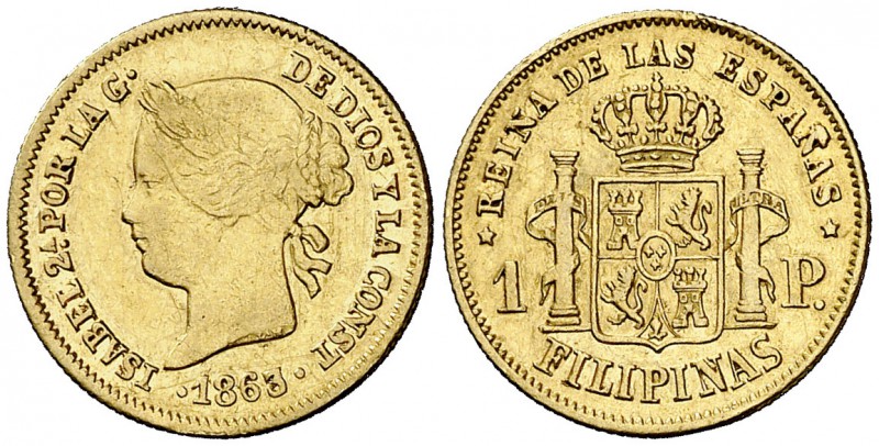 1863/58. Isabel II. Manila. 1 peso. (Cal. 144 var) (Basso falta). 1,72 g. Sobref...