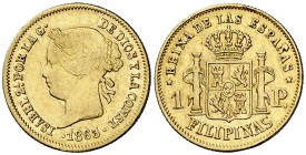 1863/58. Isabel II. Manila. 1 peso. (Cal. 144 var) (Basso falta). 1,72 g. Sobrefecha muy rara. MBC.