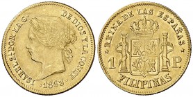 1863/2. Isabel II. Manila. 1 peso. (Cal. 144 var) (Basso 68d). 1,68 g. Insignificante golpecito en canto. Parte de brillo original. Bella. Rara sobref...