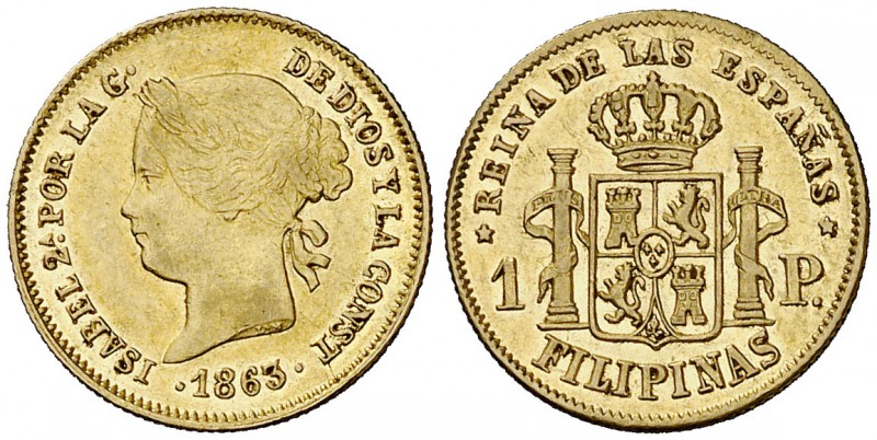 1863. Isabel II. Manila. 1 peso. (Cal. 144) (Basso 68). 1,68 g. Bella. Brillo or...