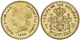 1863. Isabel II. Manila. 1 peso. (Cal. 144) (Basso 68). 1,68 g. Bella. Brillo original casi íntegro. Rara así. EBC.