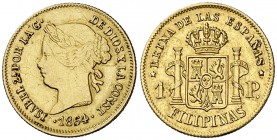 1864/2. Isabel II. Manila. 1 peso. (Cal. 145 var) (Basso 68e var). 1,64 g. Rayitas. Rara sobrefecha. MBC-/MBC+.