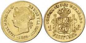1864/3. Isabel II. Manila. 1 peso. (Cal. 145) (Basso 68e var). 1,75 g. Rara sobrefecha. MBC.