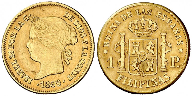 1865/59. Isabel II. Manila. 1 peso. (Cal. 147 var) (Basso falta). 1,66 g. Golpec...