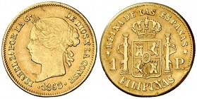 1865/59. Isabel II. Manila. 1 peso. (Cal. 147 var) (Basso falta). 1,66 g. Golpecitos. Bonito color. Ex Colección O'Donnell, Áureo 19/11/2003, nº 504. ...