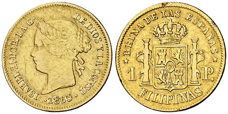 1865/0. Isabel II. Manila. 1 peso. (Cal. 147 var) (Basso falta). 1,69 g. Rayitas...
