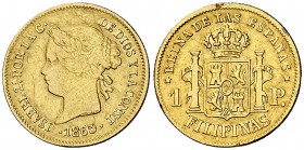 1865/0. Isabel II. Manila. 1 peso. (Cal. 147 var) (Basso falta). 1,69 g. Rayitas y golpecitos. Ex Áureo 29/10/1992, nº 2762. Rara sobrefecha. MBC-.