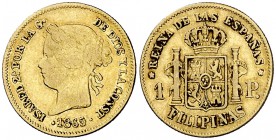 1865/0. Isabel II. Manila. 1 peso. (Cal. 147 var) (Basso falta). 1,68 g. Rayita. Rara sobrefecha. MBC-.
