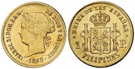 1865. Isabel II. Manila. 1 peso. (Cal. 147) (Basso 68). 1,69 g. Bella. Brillo original. Ex Áureo 11/05/1993, nº 864. Rara así. EBC+.