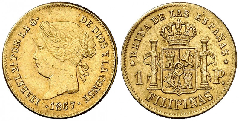 1867. Isabel II. Manila. 1 peso. (Cal. 149) (Basso 68). 1,66 g. Leves marquitas....