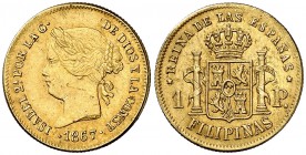 1867. Isabel II. Manila. 1 peso. (Cal. 149) (Basso 68). 1,66 g. Leves marquitas. Precioso color. Parte de brillo original. Muy rara y más así. MBC+/EB...