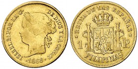 1868/6. Isabel II. Manila. 1 peso. (Cal. 150 var) (Basso falta). 1,69 g. Hojitas en anverso. Rara sobrefecha. (MBC-).