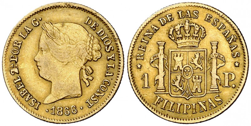 1868/6. Isabel II. Manila. 1 peso. (Cal. 150 var) (Basso falta). 1,67 g. Golpeci...