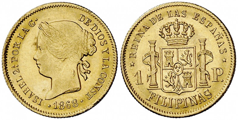 1868. Isabel II. Manila. 1 peso. (Cal. 150) (Basso 68). 1,74 g. Dos marquitas so...