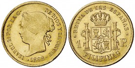 1868. Isabel II. Manila. 1 peso. (Cal. 150) (Basso 68). 1,74 g. Dos marquitas sobre el cuello, pero muy bella. EBC+.