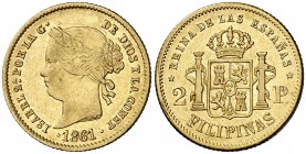 1861/0. Isabel II. Manila. 2 pesos. (Cal. 133 var) (Basso 69a). 3,40 g. Atractiva. Restos de brillo original. Ex Áureo 18/01/1995, nº 1244. Rara sobre...