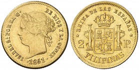 1861. Isabel II. Manila. 2 pesos. (Cal. 133) (Basso 69). 3,38 g. Golpecito en canto. Precioso color. Parte de brillo original. EBC-/EBC.