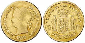 1862/1. Isabel II. Manila. 2 pesos. (Cal. 134 var) (Basso 69b). 3,33 g. Leves golpecitos. Bonito color. Rara sobrefecha. BC+/MBC-.