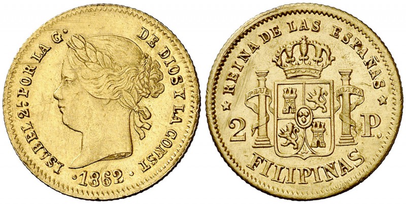 1862. Isabel II. Manila. 2 pesos. (Cal. 134) (Basso 69). 3,36 g. Rayitas. Parte ...