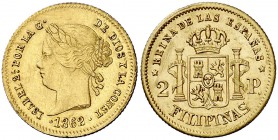 1862. Isabel II. Manila. 2 pesos. (Cal. 134) (Basso 69). 3,36 g. Rayitas. Parte de brillo original. (MBC+).