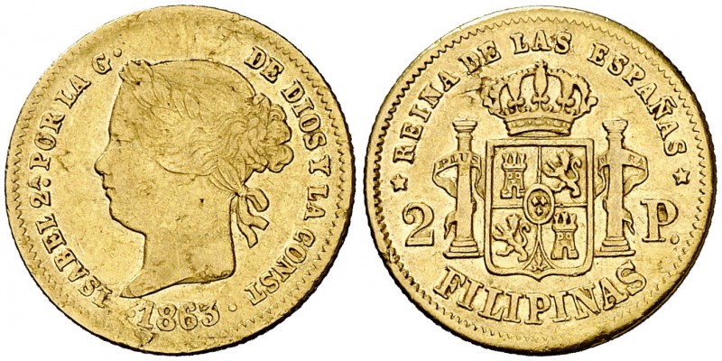 1863/59. Isabel II. Manila. 2 pesos. (Cal. 135 var) (Basso falta). 3,36 g. Una h...