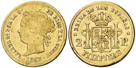 1863/59. Isabel II. Manila. 2 pesos. (Cal. 135 var) (Basso falta). 3,36 g. Una hojita en reverso. Golpecitos. Rara sobrefecha. MBC-.