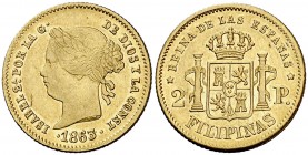 1863/2. Isabel II. Manila. 2 pesos. (Cal. 135 var) (Basso 69c). 3,36 g. Gran parte del brillo original. EBC-.