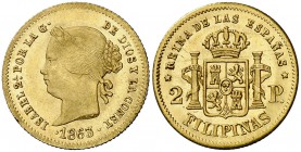 1863/2. Isabel II. Manila. 2 pesos. (Cal. 135 var) (Basso 69c). 3,40 g. Bella. Brillo original. Ex Áureo 29/10/1992, nº 1047. Rara así. EBC+.