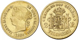 1864/2. Isabel II. Manila. 2 pesos. (Cal. 136 var) (Basso 69e var). 3,38 g. Ex Áureo 27/10/2004, nº 1256. MBC-/MBC.