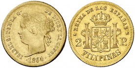 1864/2. Isabel II. Manila. 2 pesos. (Cal. 136 var) (Basso 69e var). 3,35 g. Parte de brillo original. MBC/MBC+.