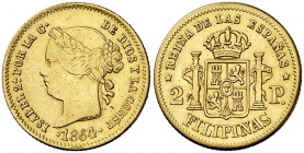 1864/2. Isabel II. Manila. 2 pesos. (Cal. 136 var) (Basso 69e var). 3,41 g. Leves golpecitos. MBC+.