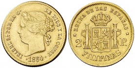1864/2. Isabel II. Manila. 2 pesos. (Cal. 136 var) (Basso 69e var). 3,37 g. Precioso color. Escasa así. MBC+/EBC-.