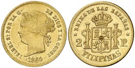 1864/2. Isabel II. Manila. 2 pesos. (Cal. 136 var) (Basso 69e var). 3,38 g. Bella. Brillo original. Ex Colección O'Donnell, Áureo 19/11/2003, nº 512. ...