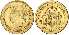 1864. Isabel II. Manila. 2 pesos. (Cal. 136) (Basso 69). 3,35 g. Minúscula hojita sobre el cabello. Bella. Brillo original. Preciosa pátina. MBC+/EBC-...